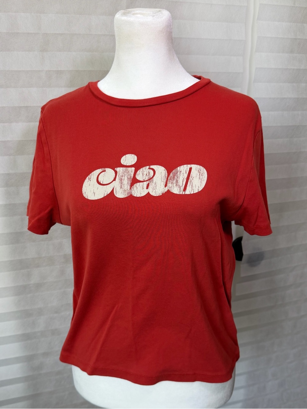 Topshop Red Tee with Distressed White Ciao Graphic